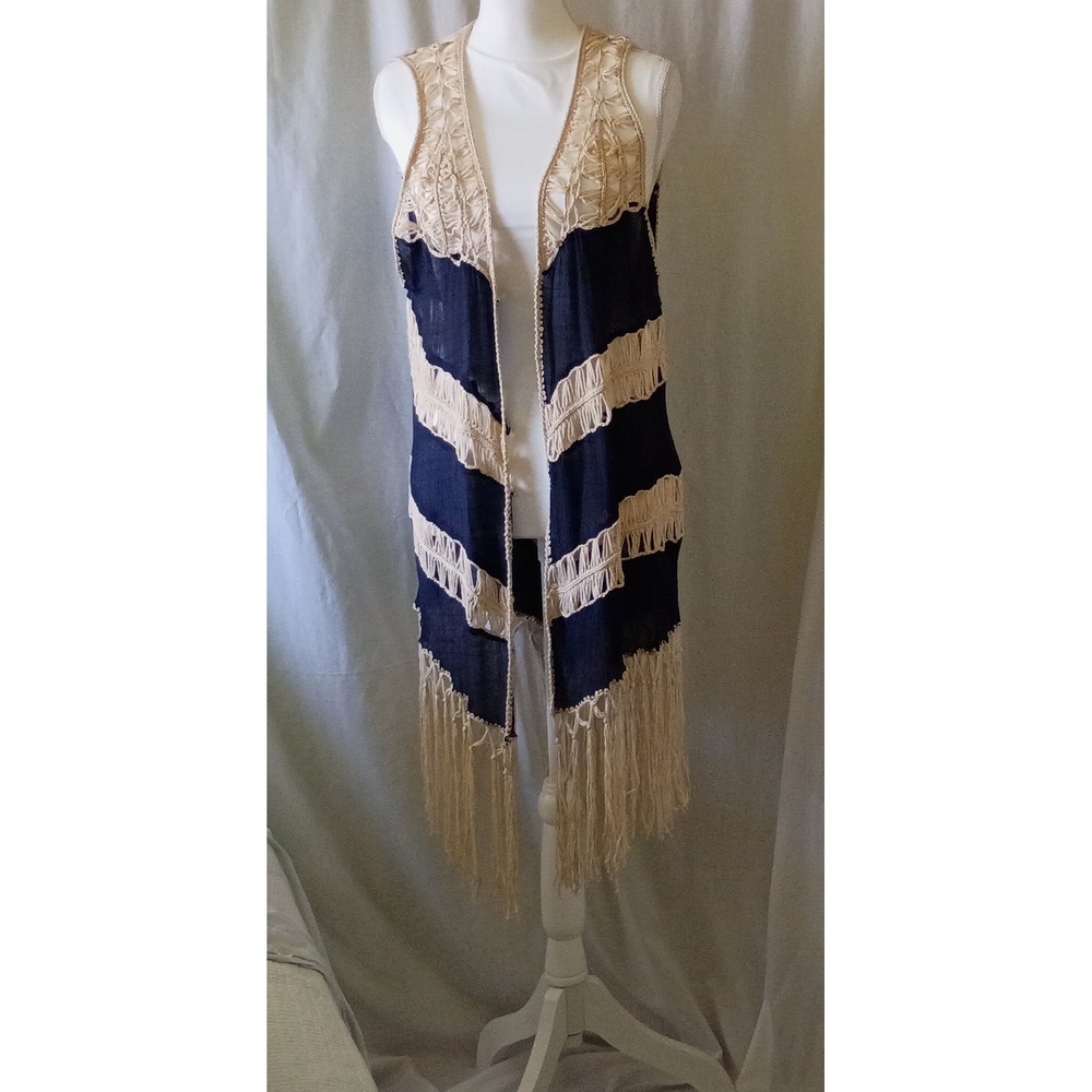 Coachella Umgee Navy Blue Cream Crochet Fringe Long Vest Boho‎ Open Front Large